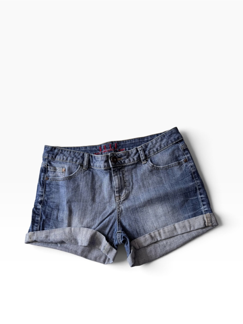 Elle Mid Rise Stretch Medium Wash Cuffed Denim Shorts